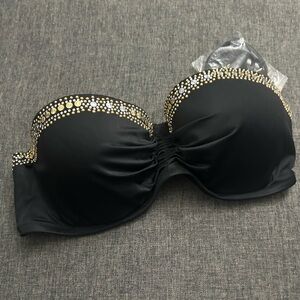 NWOT Victoria's Secret Push-Up Bandeau Swim Top 34D Black Metallic Embellishment